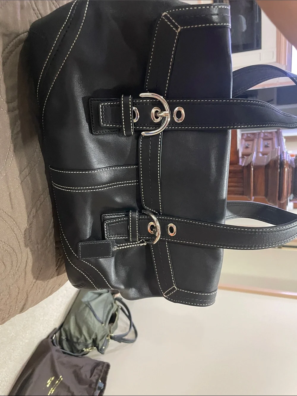 Coach Black Leather Shoulder Bag with Contrast Stitching